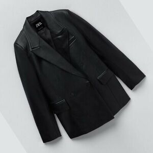 Zara Black Faux Leather Double-Breasted Blazer Jacket size XS